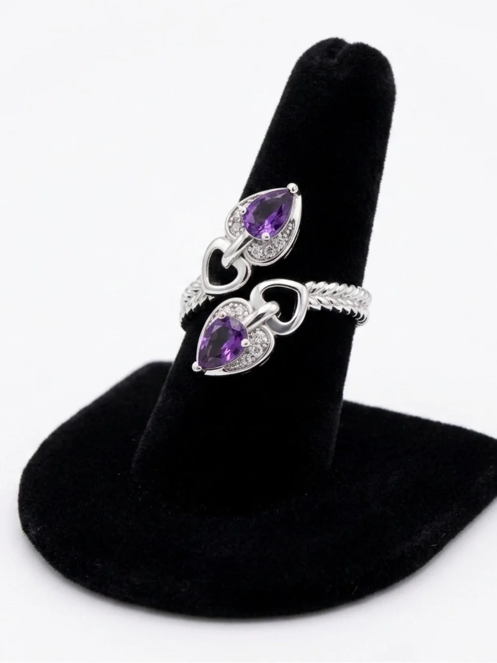 New S925 Sterling Silver Purple Amethyst & Morganite Heart Tear Drop Ring